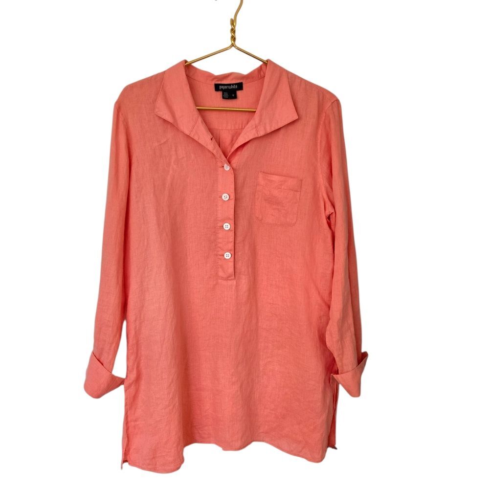 100% Linen PaperWhite Peach Tunic Top Lagenlook Size 12